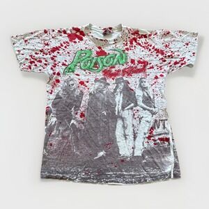 Vintage Poison Shirt Mens L Flesh and Blood Band Tee Tour 90s AOP Glam Metal